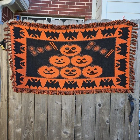 Vtg 1996 Windham Trading Pumpkin Halloween Tapestry Rug Throw Decor 30 X 48