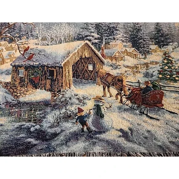 VTG Nicky Boehme Snow Covered Bridge X-mas Tapestry Sleigh Ride Throw Blanket