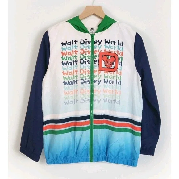 Disney World Jacket Youth Large Multicolor Full Zip Hooded Windbreaker NEW D50