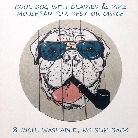 8 inch round mouse pad for desk with funny pipe smoking dog wearing glasses art
