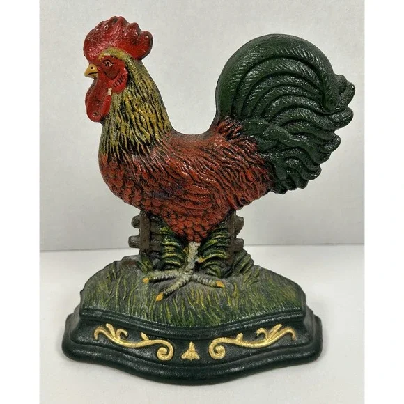 Vintage Cast Iron Rooster Doorstop Farmhouse Chicken Decor 7