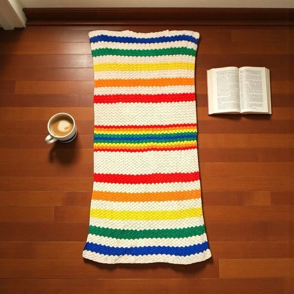 Vintage Handmade Crocheted Blanket & Pillows Rainbow Color Chevron Stitch 97x42