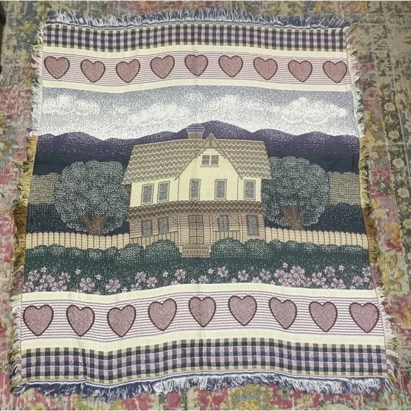 Vintage Cottage Tapestry Throw Blanket Hearts Checkered 52