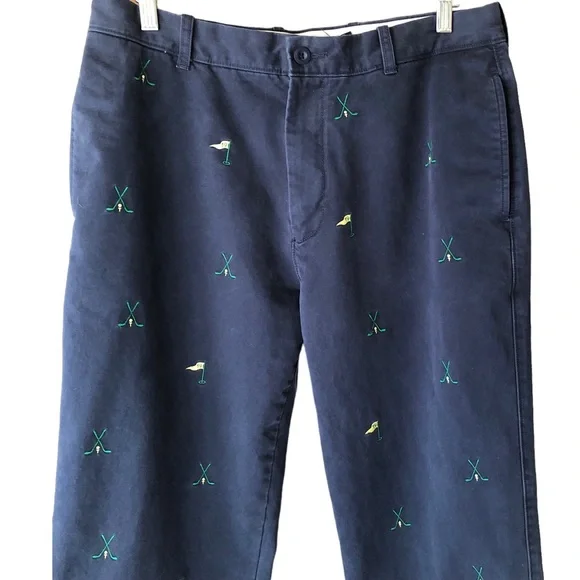 Vintage J. Crew Flat Front Broken In Chino. Navy w/ Golf Theme. Size 34W x 34L
