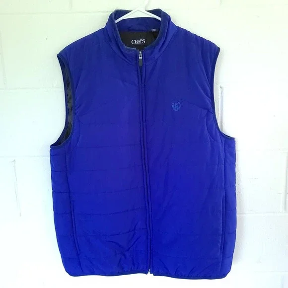 Chaps Quilted Puffer Zip-Up Vest Jacket Men's LG Sleeveless Blue Mock Neck