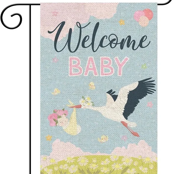 Welcome Baby Stork Garden Flag Double Sided Burlap Outdoor Yard Flag 12x18”