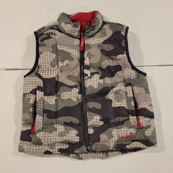 L.L. Bean Goose Down Puffer Vest Boys Small 4 Gray Camouflage Full Zip Sleeveles