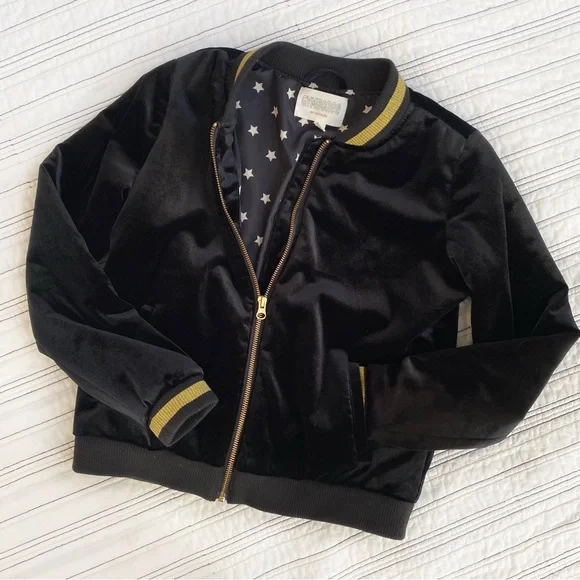 Girls Bomber Jacket In Black Velour & Gold Trim Star Lining By Gymboree size 14