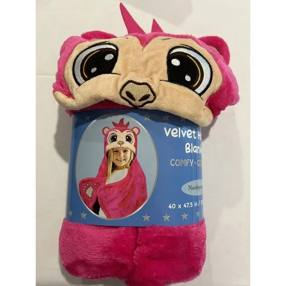 Monkey Pink Velvet Hooded Blanket New‎ Kids Plush Birthday Christmas 40 X 47.5