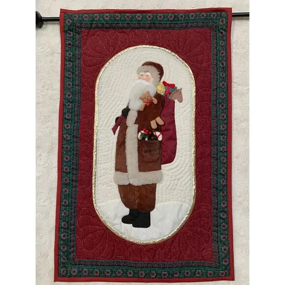 1996 Vintage Appliqué Quilted Block Old World Santa Wall Hanging With Rod 33x21