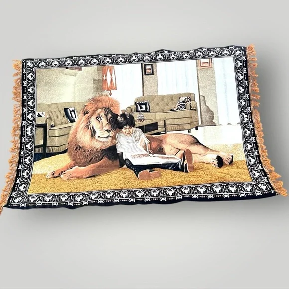 Vintage Decorative Tapestry Lion Child Reading Book