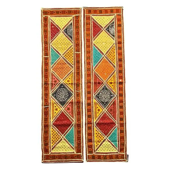 Vintage Rajasthani Sari Embroidered Patchwork Mirrored Tile Wall Hanging Panels