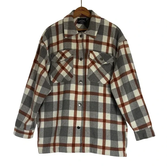 HFX Plaid Shacket Mens M‎ Grey Rust Orange Snap Front Flannel Shirt Jacket