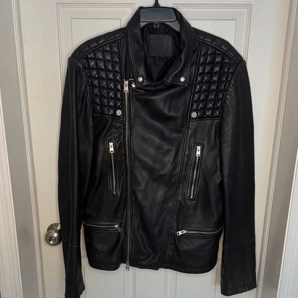 All Saints Mens Black Leather Biker Jacket with Quilted Shoulders
