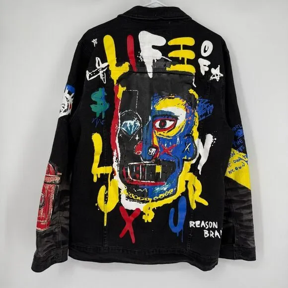 Reason Denim Jacket Graffiti Biker Emo Grunge Streetwear Art to Wear Men Size L