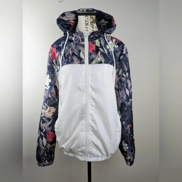 White Floral Two Tone Lightweight Hoodie Windbreaker Size Medium Streetwear