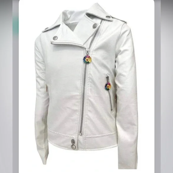 Lola + The Boys White Vegan Rainbow Leather Kids Jacket