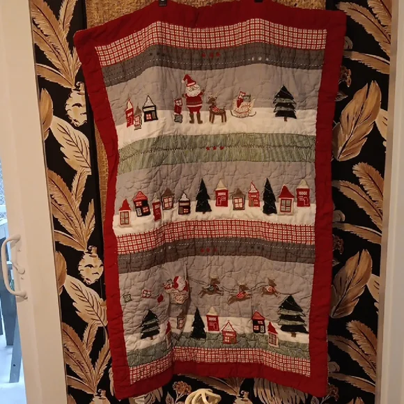 Pottery Barn Kids Holiday Quilt with Santa and Village Design