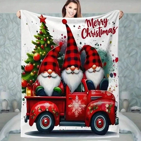 NWT- Merry Christmas- Gnomes- Farmtruck Plush Velvet Throw Blanket 50x60