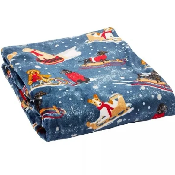 NWT- Velvet Plush Reversible-Blue- Dog Sled- Holiday Throw Blanket 50x60