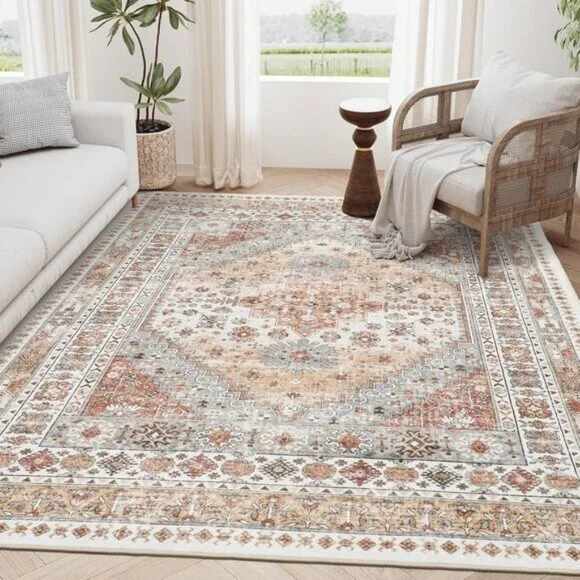 New 5x7 Washable Area Rug, Ultra-Thin Vintage Carpet for Room Decor - Beige