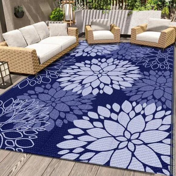 New 5x8 Blue Outdoor Rug, Waterproof Reversible Plastic Straw Mat for Patio & RV