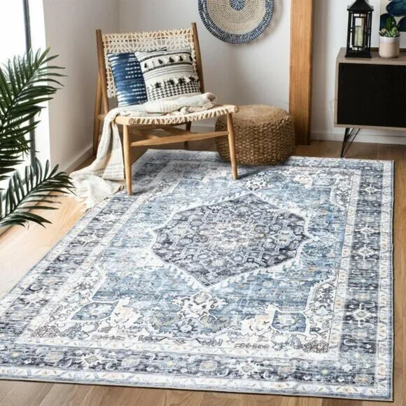 5x7 Light Blue Area Rug Washable, Non-Slip, Ultra-Soft Vintage Carpet for Home