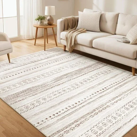 New 5x7 Brown Area Rug, Washable, Non-Slip Moroccan Geometric Carpet for Room