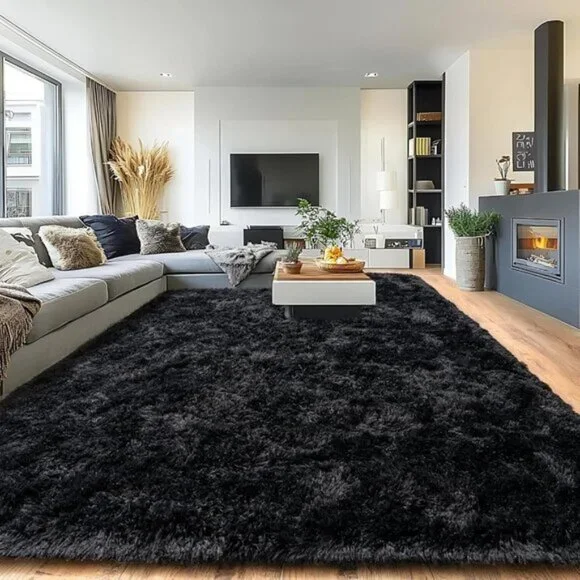 8x10 Black Plush Rug, Fluffy Soft Shaggy Non-Slip Carpet for Home & Room Decor