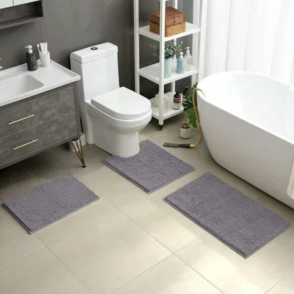 New 3-Piece Grey Bathroom Rug Set, Ultra Soft, Non-Slip, Absorbent Chenille Mats