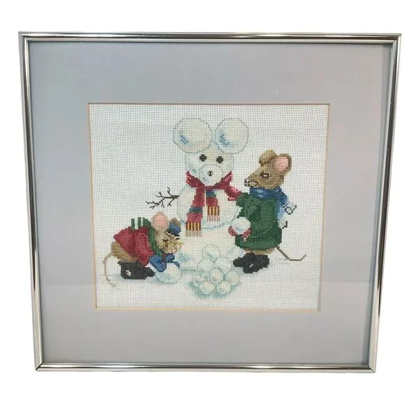 MICE BUILDING A SNOWMAN Completed Cross Stitch Framed Winter Holiday 14 X 15”