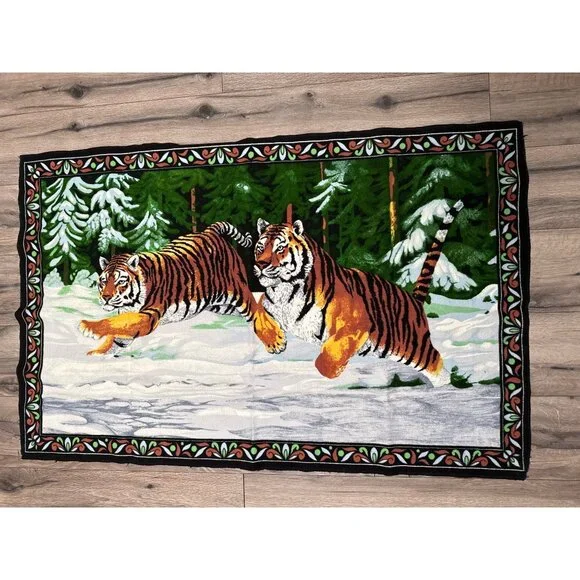Tiger Print Tapestry Rug Blanket With Floral Border - 32