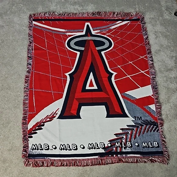 LA Angels of Aneheim Woven Tapestry Blanket Home Decor Red White Blue Frayed Hem