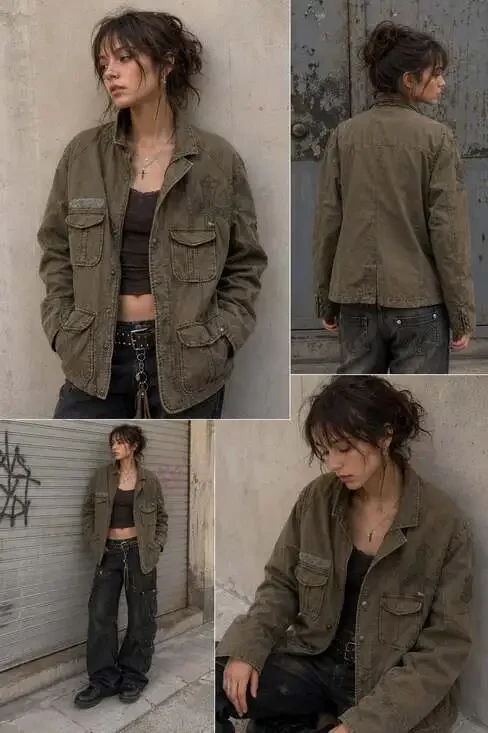 Vintage White Owl Military Utility Jacket Grunge Y2K Streetwear Olive Green XL