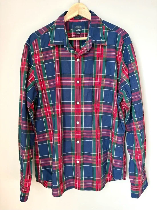 J. Crew Men’s Slim Fit Flex Washed Navy & Red Plaid Button-Down Shirt