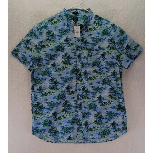 J.Crew Flex Washed Slim Hawaiian Palm Trees Button Down Short Sleeve Shirt XL