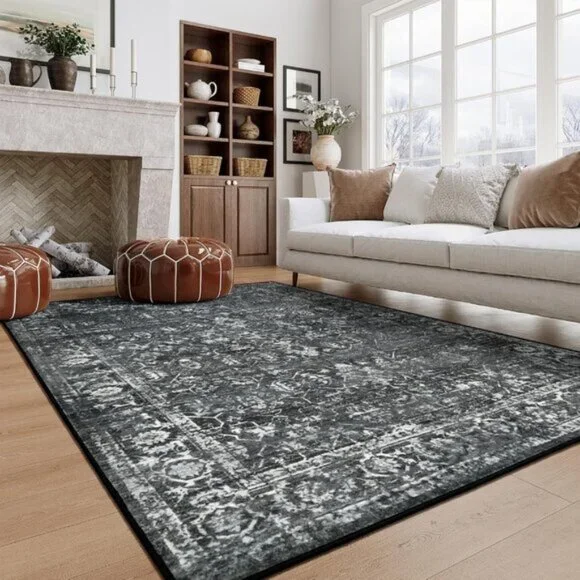 5x7 Black Washable Area Rug, Non-Slip Stain Resistant Carpet for Home & Office