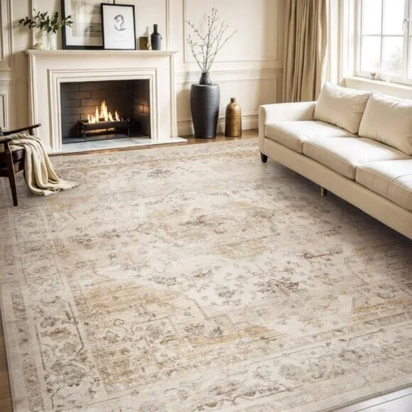 5x7 Beige Vintage Rug, Soft, Non-Slip, Washable Carpet for Home, Room & Office