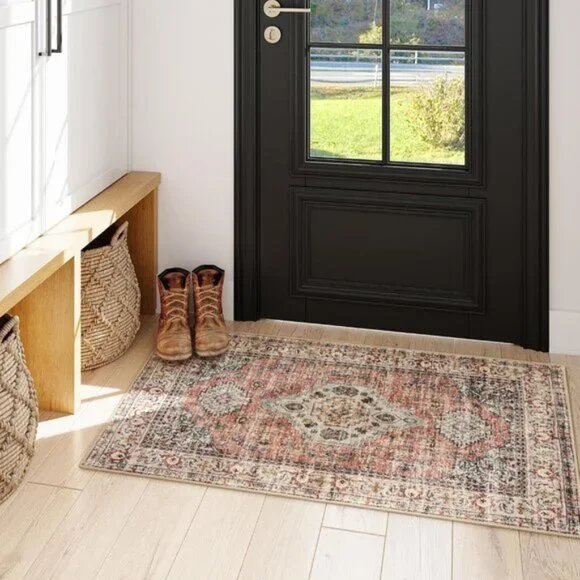 New 2x4 Peach Orange Oriental Rug, Washable, Non-Slip Vintage Entryway Carpet