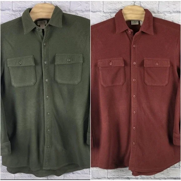 Lot 2 LL Bean Men Red Green Fleece Full Button Shirt Jacket‎ Sweater Large TALL