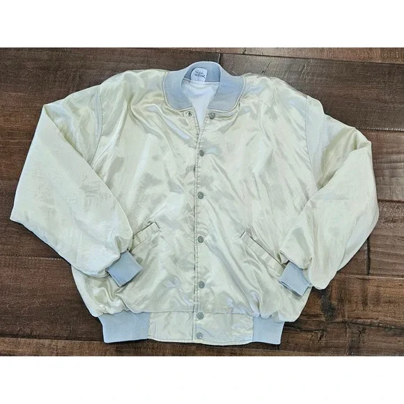 VTG Retro Varisty Cool Sportswear Satin Bomber Jacket Mens XL Cream USA