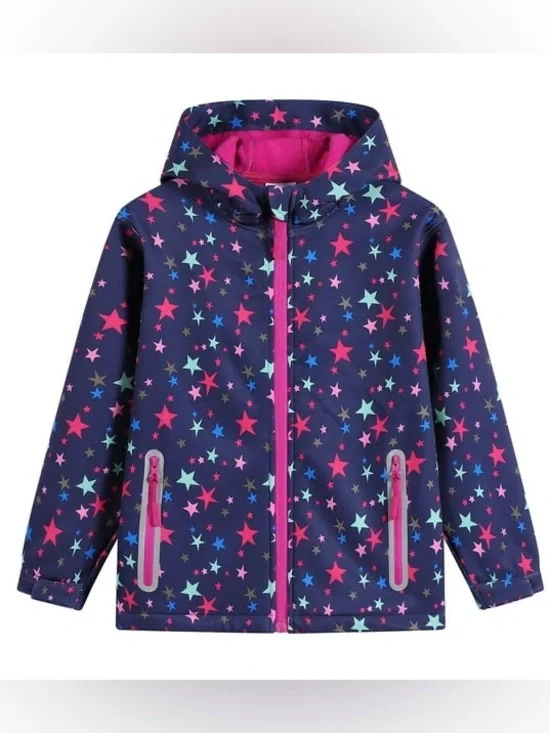 Girls' Navy Star-Print Hooded Raincoat Jacket with Pink Lining 5T
