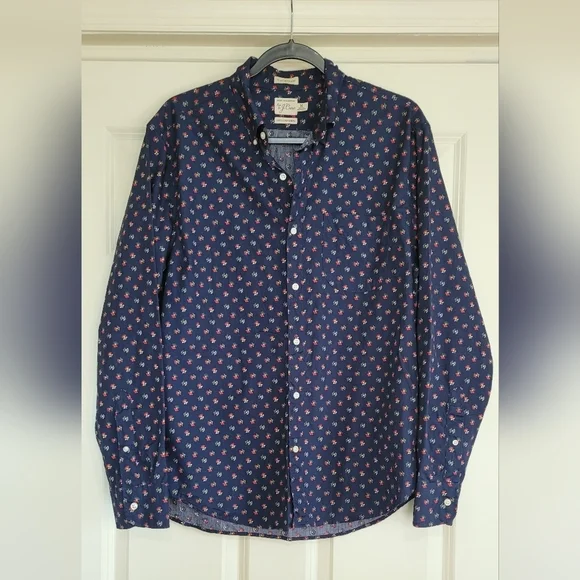 J. Crew Navy Floral Print Slim Untucked Secret Wash Cotton Shirt - Size M