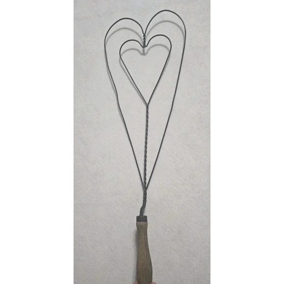 Vintage Large Metal Twiated Wire Double Heart Rug Beater With Wooden Handle