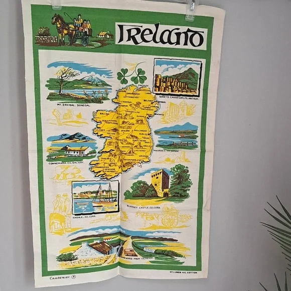 Vintage Irish Linen Tea Towel Ireland Landmark City Map NWOT 1980's
