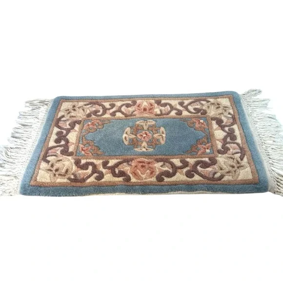 vtg Chinese Abbuson hand tufted high grade wool area rug blue peach 38 x 17
