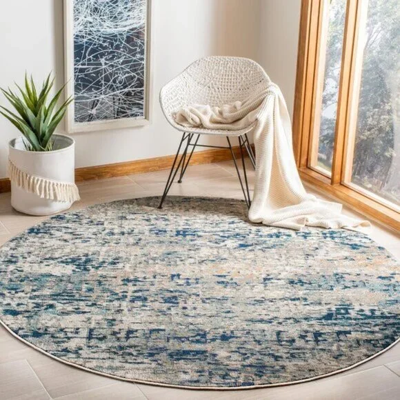 New 8ft Modern Abstract, Non-Shedding Grey, Blue Round Madison Area Rug for Home