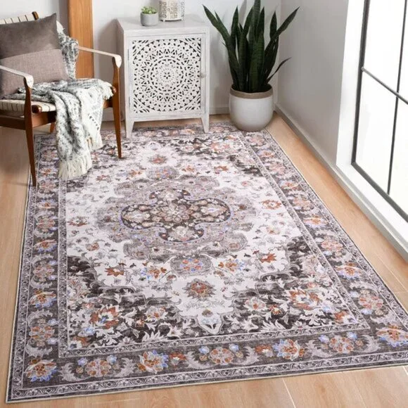 4x6 Washable Area Rug, Soft Low Pile Non-Slip Vintage Carpet for Home & Office