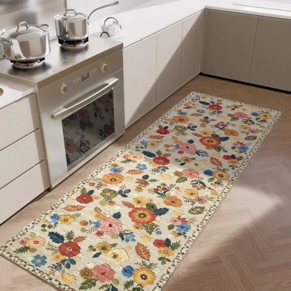 2x6 Washable Kitchen Runner, Non-Slip Low Pile Floral Rug for Hallway & Entry