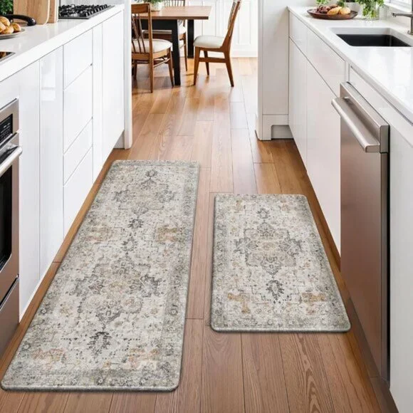 2PC Kitchen Mats, Washable Anti-Fatigue Cushioned Non-Slip Rugs in Taupe Brown